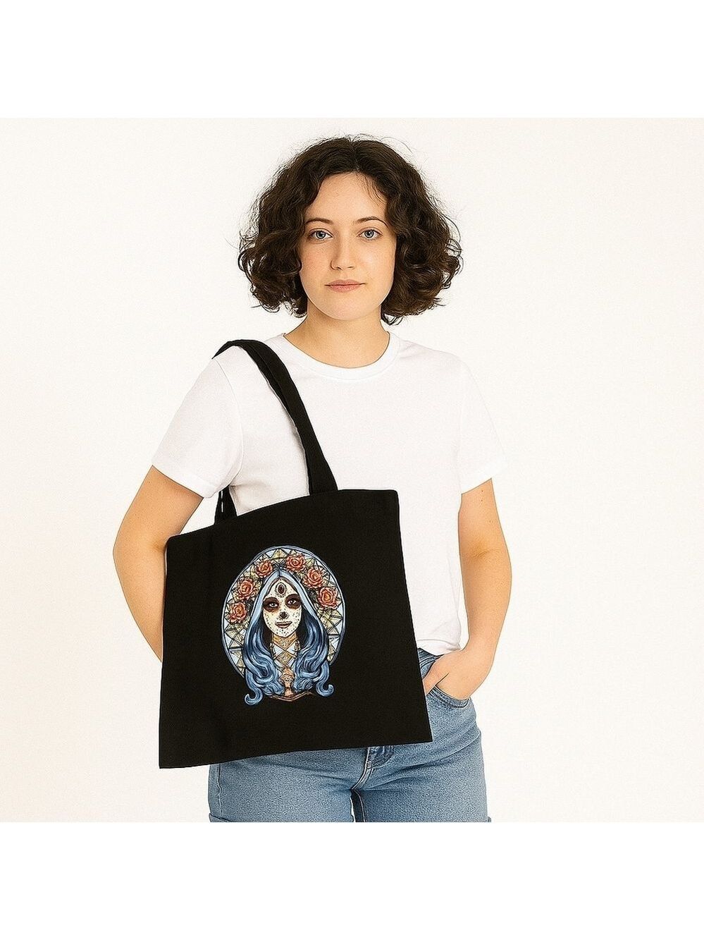 Hand Crafted Tote Bag Catrina Motif Black Canvas 100%Cotton 13" Floral Halloween